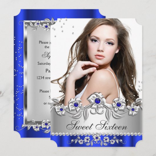 Invitation Photo Sweet 16 Royal Blue Diamant Argent Bijou (Devant / Derrière)