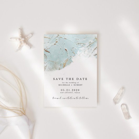 Invitation Photo Texturée Blue Gold Foil Enregistrer La Date