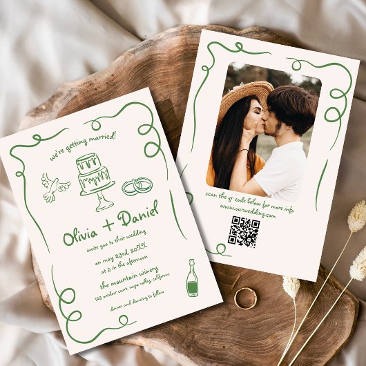 Invitation Photo tirée à la main QR Code Mariage capricieux