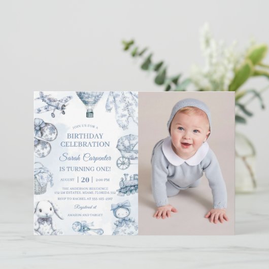 Invitation Photo Toile De Jouy Blue Anniversaire (Debout devant)