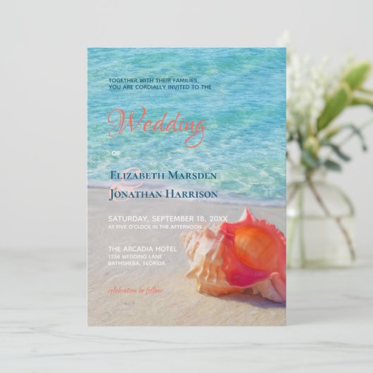 Invitation Photo Tropical Beach Conch Shell Mariage moderne (Debout devant)