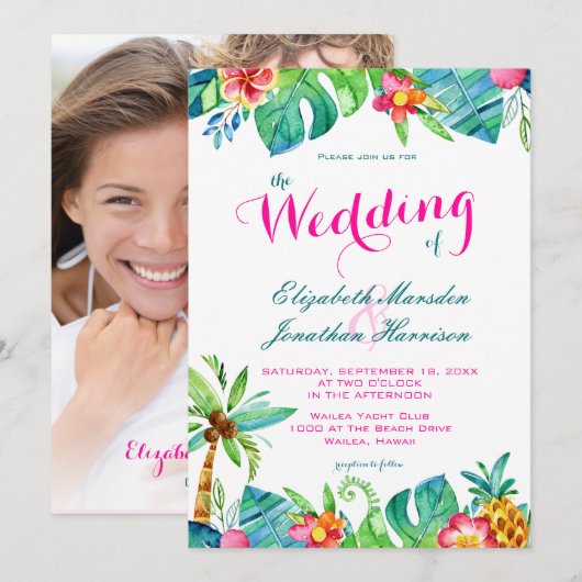Invitation Photo Tropical Pink Turquoise Floral Chevron Maria (Devant / Derrière)