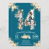 Invitation Photo turquoise 14e anniversaire Collage Fleur Jau (Devant / Derrière)