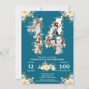 Invitation Photo turquoise 14e anniversaire Collage Fleur Jau