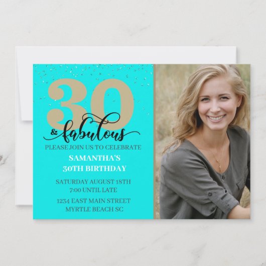 Invitation Photo Turquoise 30 et Fabulous Birthday Party (Devant)