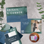 Invitation Photo Turquoise bleu minimaliste moderne<br><div class="desc">Éléments : arrière - plan abstrait de lavage à l'aquarelle. Les noms et les détails apparaissent dans les polices sans serif modernes. L'arrière comprend la photo et le code RSVP QR. Couleurs : bleu, vert, émeraude, océan, vert mer, marine, bleu royal, azur. Thèmes : moderne, minimaliste, contemporain, tons bijoux. Collection...</div>