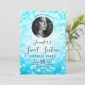 Invitation Photo Turquoise Bokeh Lights Sweet 16 Party (Debout devant)