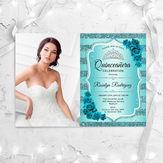 Invitation Photo turquoise Elegant Quinceanera