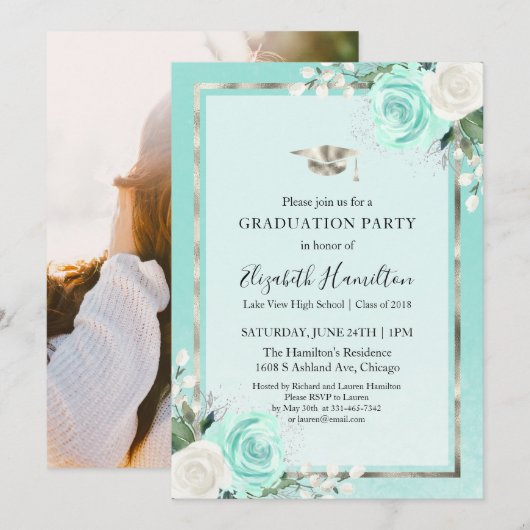 Invitation Photo turquoise & Foil Silver Floral Graduation Pa (Devant / Derrière)