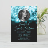 Invitation PHOTO Turquoise Hollywood Lights Sweet 16 Party (Debout devant)