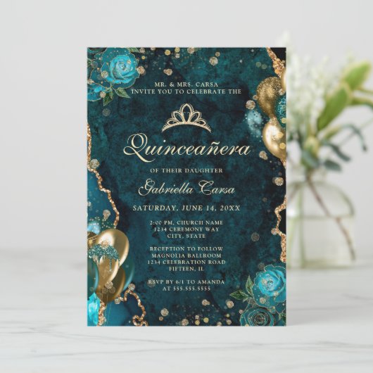 Invitation Photo Turquoise or Floral Agate Quinceanera (Debout devant)
