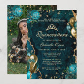 Invitation Photo Turquoise or Floral Agate Quinceanera (Devant / Derrière)