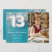Invitation Photo Turquoise Parties scintillant d'argent 13e a (Devant / Derrière)