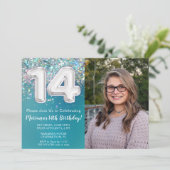 Invitation Photo Turquoise Parties scintillant d'argent 14e a (Debout devant)