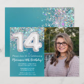 Invitation Photo Turquoise Parties scintillant d'argent 14e a (Devant / Derrière)