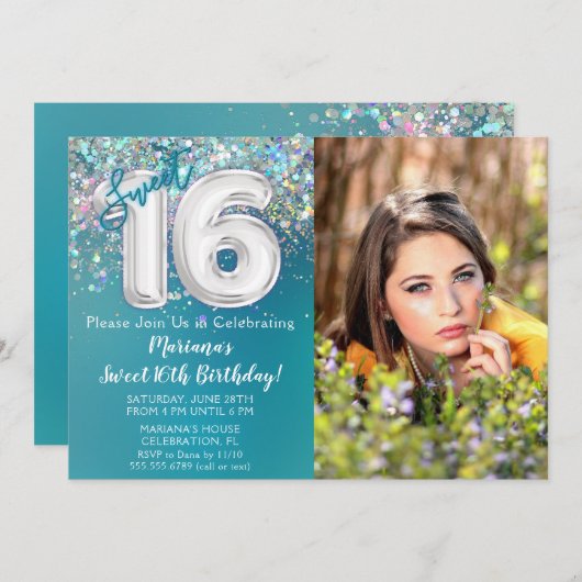 Invitation Photo Turquoise Parties scintillant d'argent 16e a (Devant / Derrière)