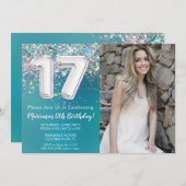 Invitation Photo Turquoise Parties scintillant d'argent 17e a (Devant / Derrière)