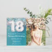 Invitation Photo Turquoise Parties scintillant d'argent 18e a (Debout devant)