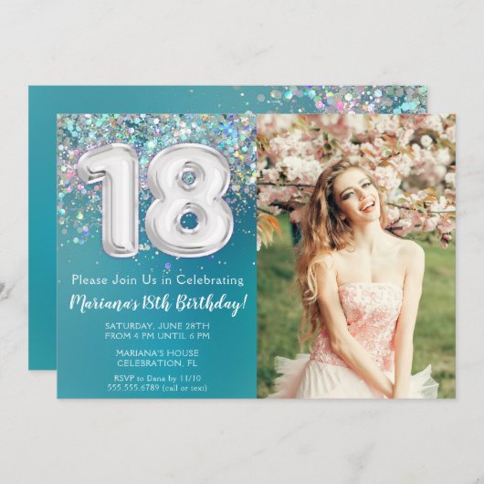 Invitation Photo Turquoise Parties scintillant d'argent 18e a (Devant / Derrière)