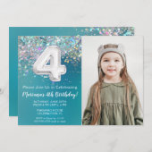 Invitation Photo Turquoise Parties scintillant d'argent Invit (Devant / Derrière)