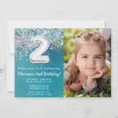 Invitation Photo Turquoise Silver Parties scintillant 2e anni (Devant)