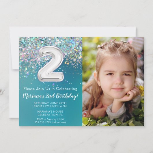 Invitation Photo Turquoise Silver Parties scintillant 2e anni (Devant)