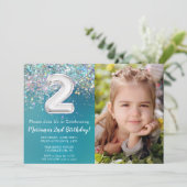 Invitation Photo Turquoise Silver Parties scintillant 2e anni (Debout devant)