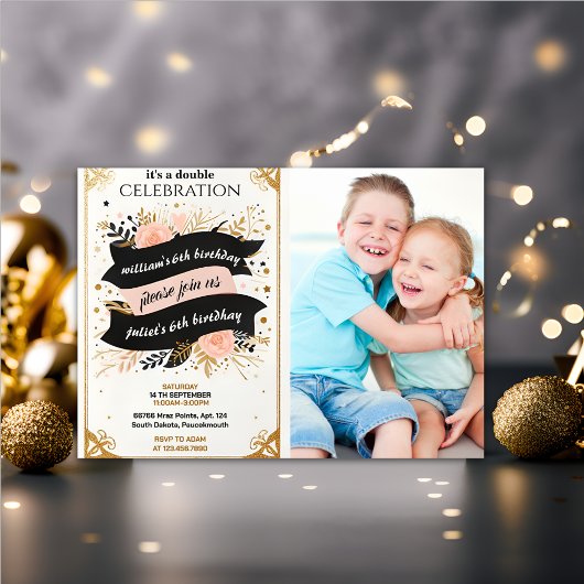 Invitation photo twin noir simple moderne Joint Anniversaire