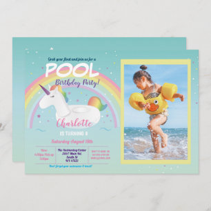 Invitation Photo Unicorn Pool Party Anniversaire Rainbow Floa