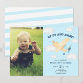 Invitation photo Up & Away 1st Boy Birthday Airplane (Devant / Derrière)