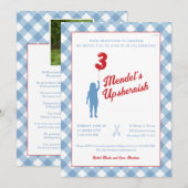 Invitation Photo Upsherin Gingham Bleu avec Ballon (Devant / Derrière)
