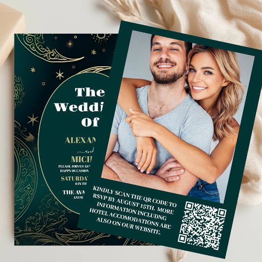 Invitation Photo Vert Émeraude Or Céleste  Mariage
