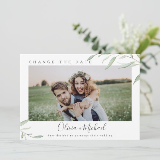 Invitation Photo verte minime changer la date Postponed (Debout devant)