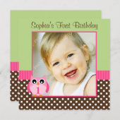 Invitation Photo verte rose de fille d'anniversaire de point (Devant / Derrière)