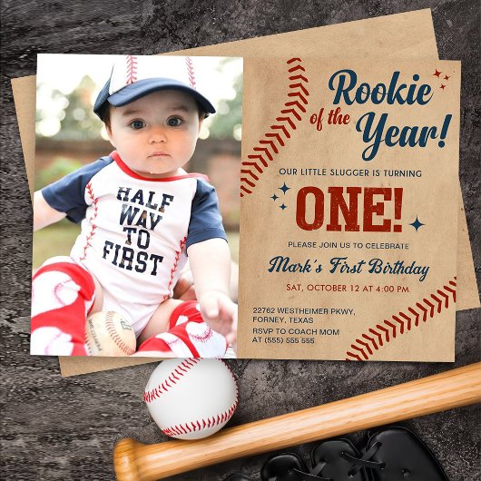 Invitation photo vintage 1er anniversaire Baseball
