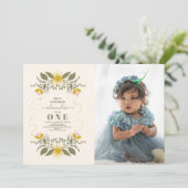 Invitation Photo Vintage Céleste Botanique 1er anniversaire (Debout devant)
