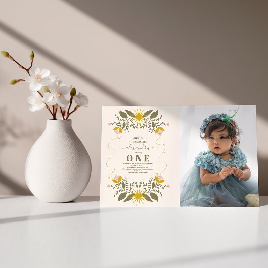 Invitation Photo Vintage Céleste Botanique 1er anniversaire