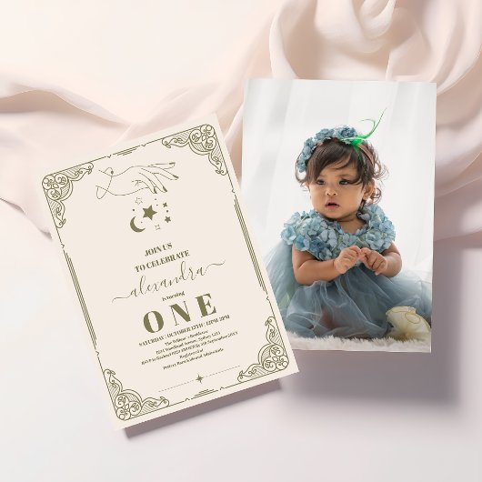 Invitation Photo Vintage Céleste Botanique 1er anniversaire