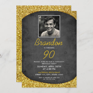 Invitation Photo Vintage classique noir et or 90e anniversair