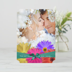 Invitation Photo Vintage Damask Bright Colorful Gerber Daisy