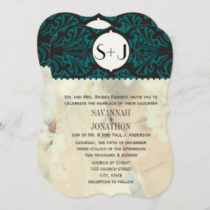 Invitation Photo Vintage Damask Emerald Green Die Cut Mariage