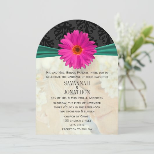 Invitation Photo Vintage Damask Emerald Pink Gerber Mariage (Debout devant)