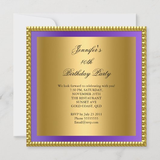Invitation Photo violette 40e anniversaire fête Elegant Gold (Devant)