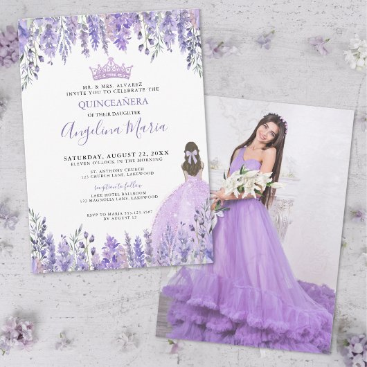 Invitation Photo violette Floral Quinceañera