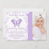 Invitation Photo violette moderne Papillon floral 1er anniver (Devant)