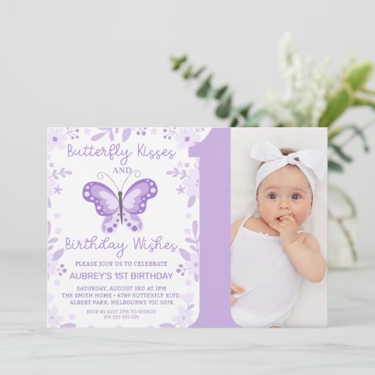 Invitation Photo violette moderne Papillon floral 1er anniver (Debout devant)