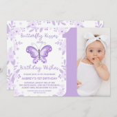 Invitation Photo violette moderne Papillon floral 1er anniver (Devant / Derrière)