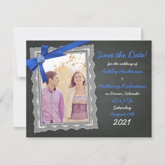 Invitation Photo Wedding Enregistrer la Date Chalkboard Blue (Devant)