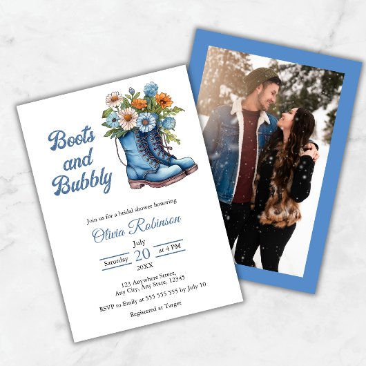 Invitation Photo Western Blue Boots & Bubbly Bridal Shower 