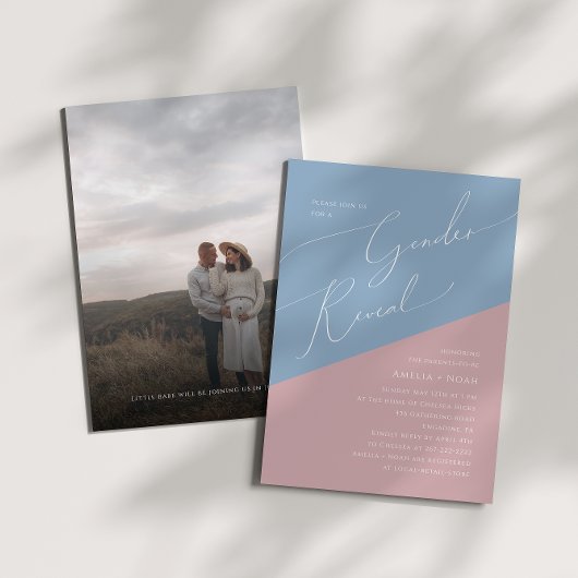 Invitation Photo Whimsical Blue et rose Bébé Genre Reveal